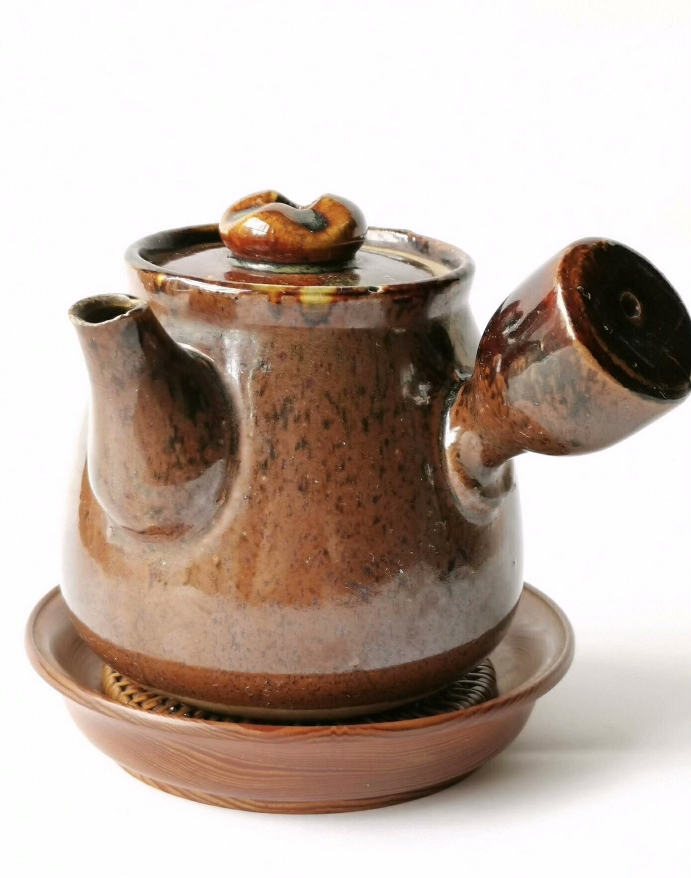 日本老瓷壺 醬色天目釉側把壺 老柴燒橫手急需 包漿老流