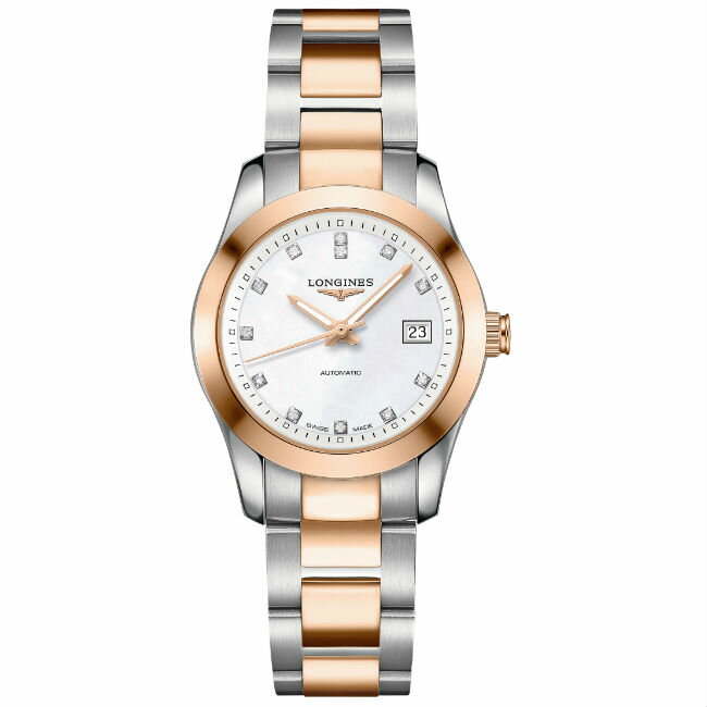 LONGINES 浪琴表 L22855877 征服者雙色真鑽機械女錶/珍珠母貝面29.5mm