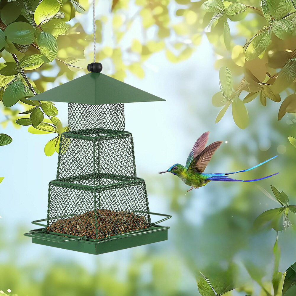 【含稅/免運】 綠色金屬鳥食器三折方形懸掛紅雀麻雀金翅雀鄉村花園裝飾喂鳥器