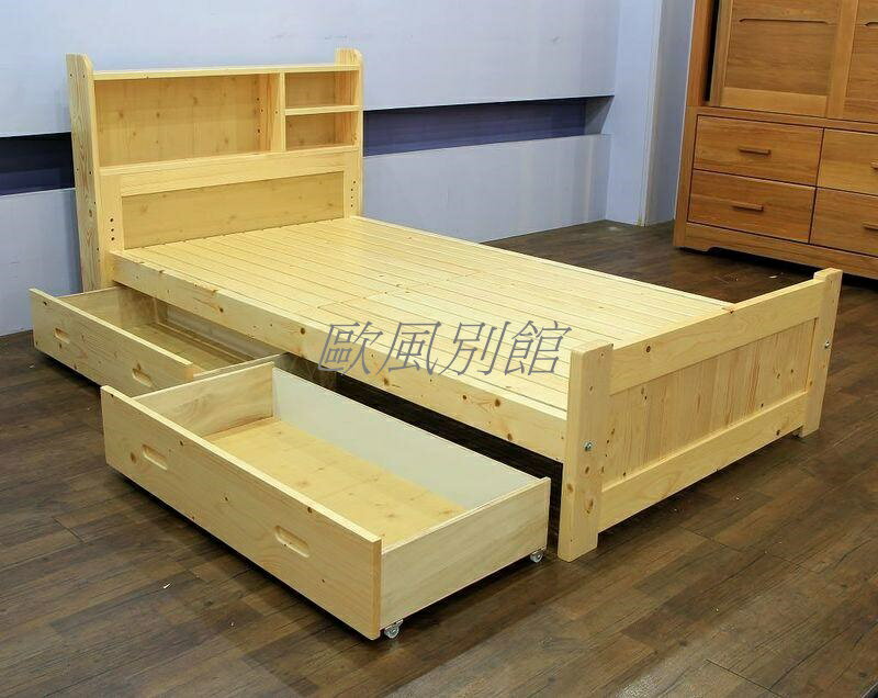 【歐風別館】可米松木單人床架含二抽屜【基隆至台中免運費】