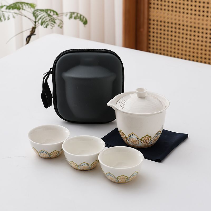 簡約蓮花旅行茶具套裝戶外行動式快客杯陶瓷車用旅遊泡茶器小套組