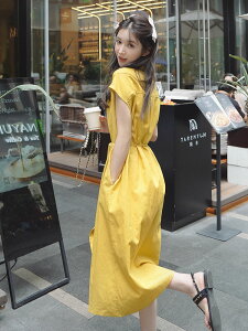黃色襯衫連身裙女夏季休閒寬松顯瘦別致高級感收腰長裙