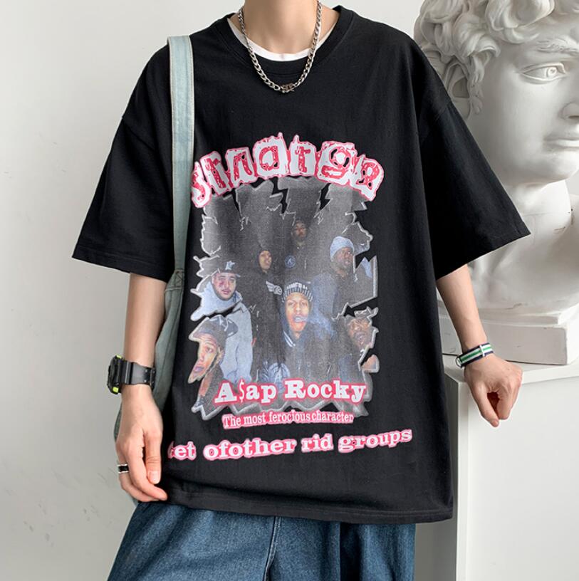 FINDSENSE X 韓潮 男士 復古嘻哈人物 寬鬆五分袖大尺碼 短袖T恤