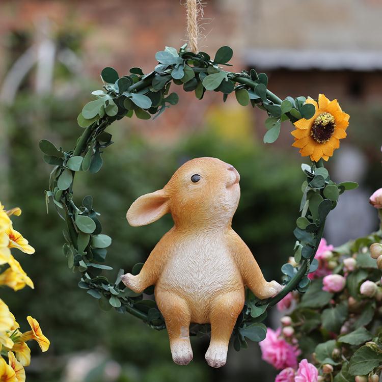 庭院花園裝飾戶外鐵圈小兔子掛飾 創意樹脂仿真卡通動物雕塑擺件【林之舍】