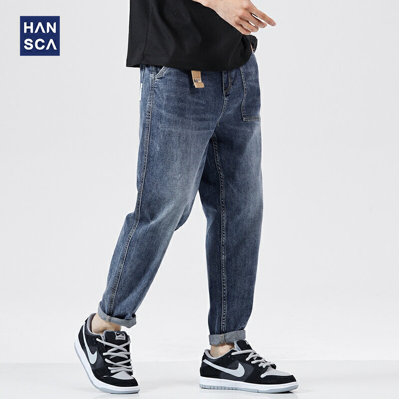 漢斯卡寬松牛仔褲男春季新款藍色高端復古水洗休閑百搭直筒長褲子