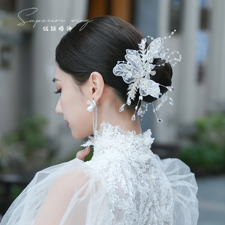 原創輕奢新娘頭飾唯美蕾絲水晶花朵髮飾髮夾韓式造型盤發婚紗配飾