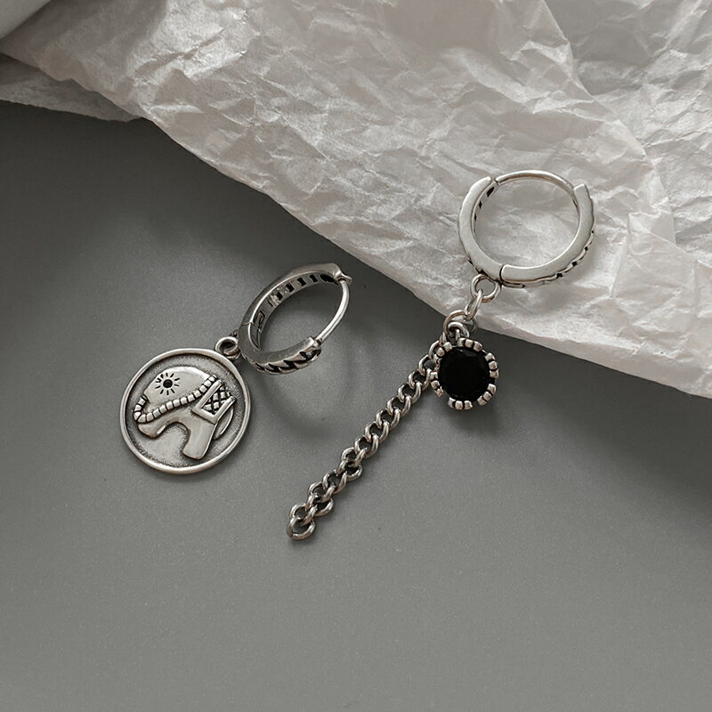 925純銀小象圓牌耳環女復古泰銀做舊流蘇耳墜冷淡風耳扣甜酷耳飾 3