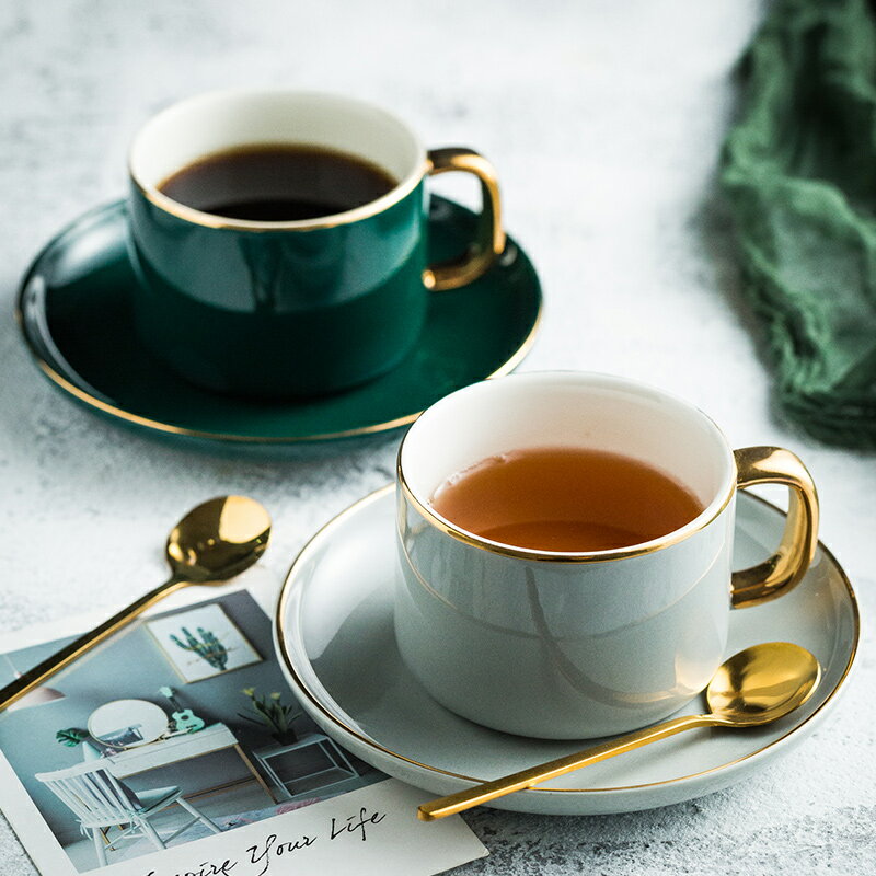 歐式小奢華金邊咖啡杯 家用陶瓷杯碟套裝 下午茶杯碟勺水杯花茶杯