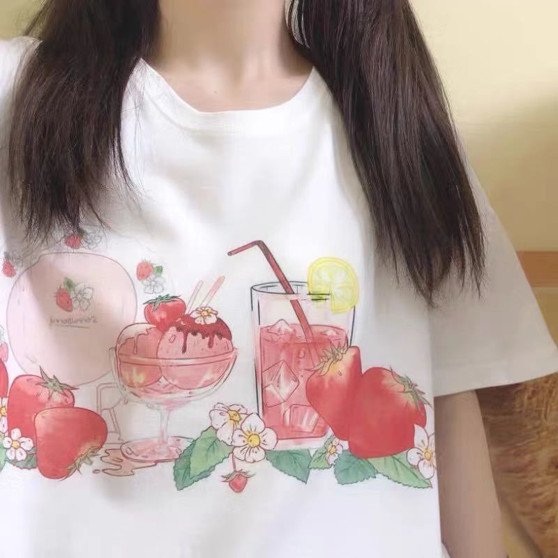 春夏新款日系軟妹JK短袖可愛草莓印花學生寬松百搭T恤內搭女上衣