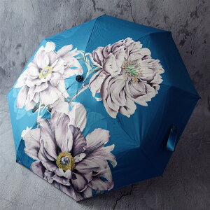 晴雨傘女士 數碼印花花朵藍色五折疊口袋傘黑膠三折遮陽傘