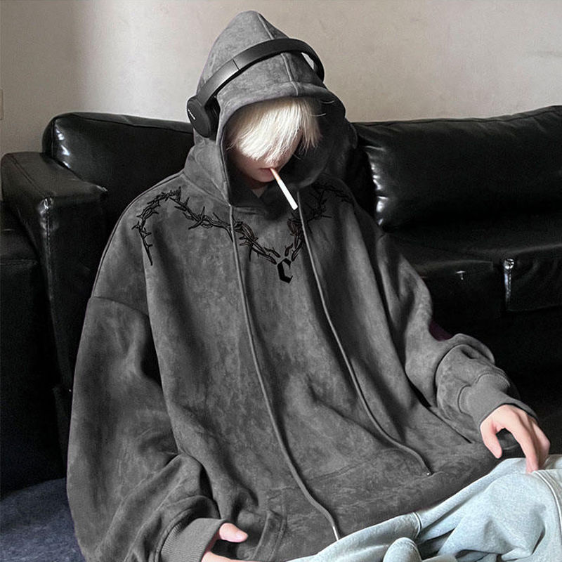 美式hiphop高街連帽衛衣男秋冬復古潮牌痞帥小眾印花嘻哈重磅外套--享樂