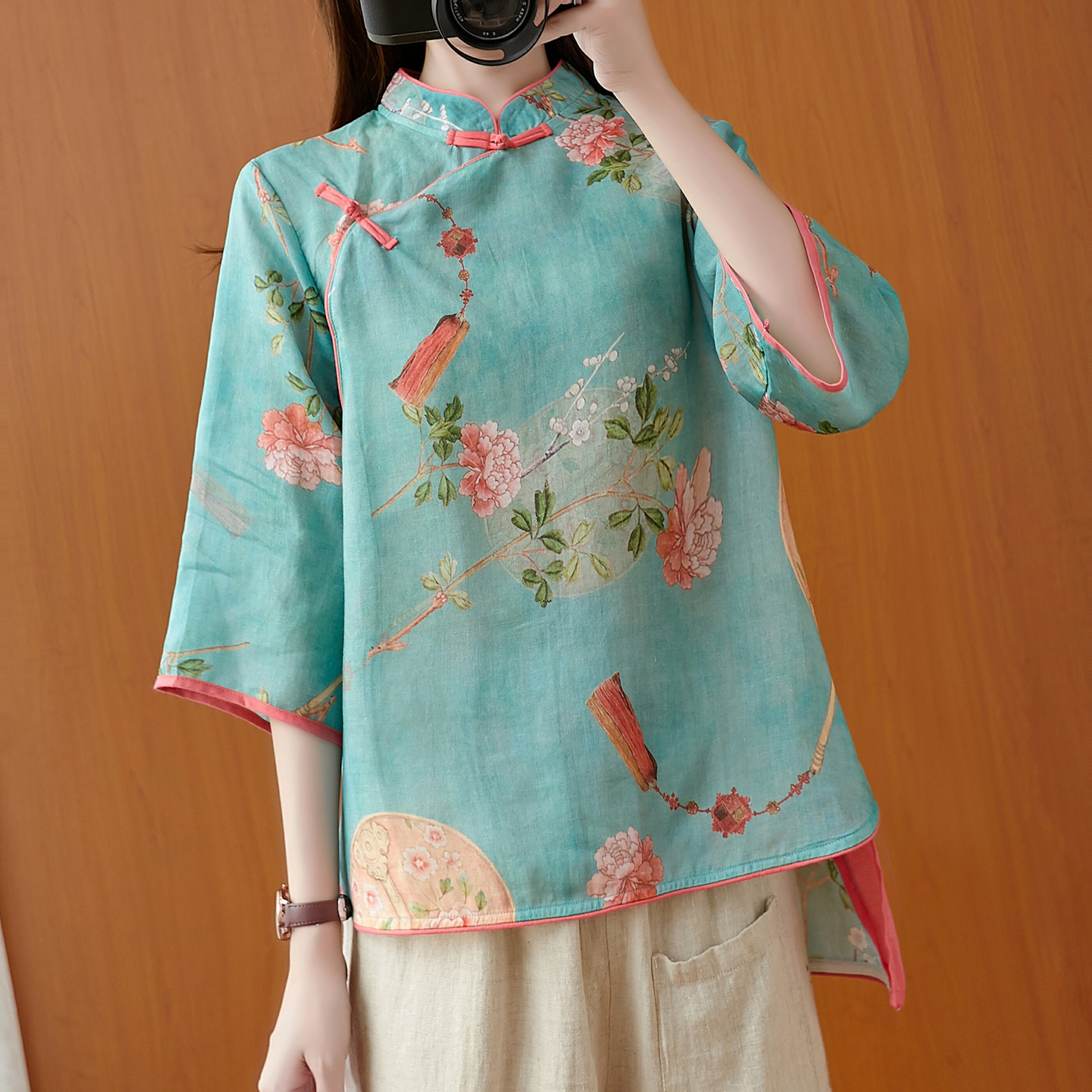 春季新款中國風復古棉麻印花襯衫寬松上衣女苧麻茶服短款小衫