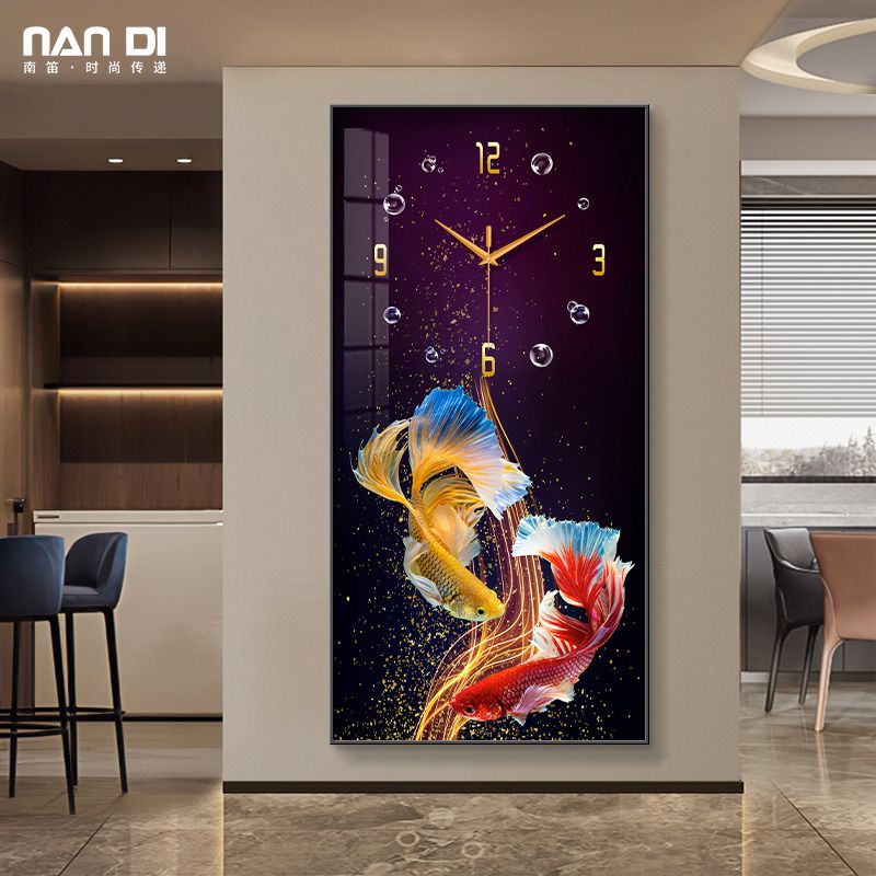 輕奢孔雀魚玄關裝飾畫鐘表掛鐘客廳現代簡約大氣藝術時鐘掛墻高級