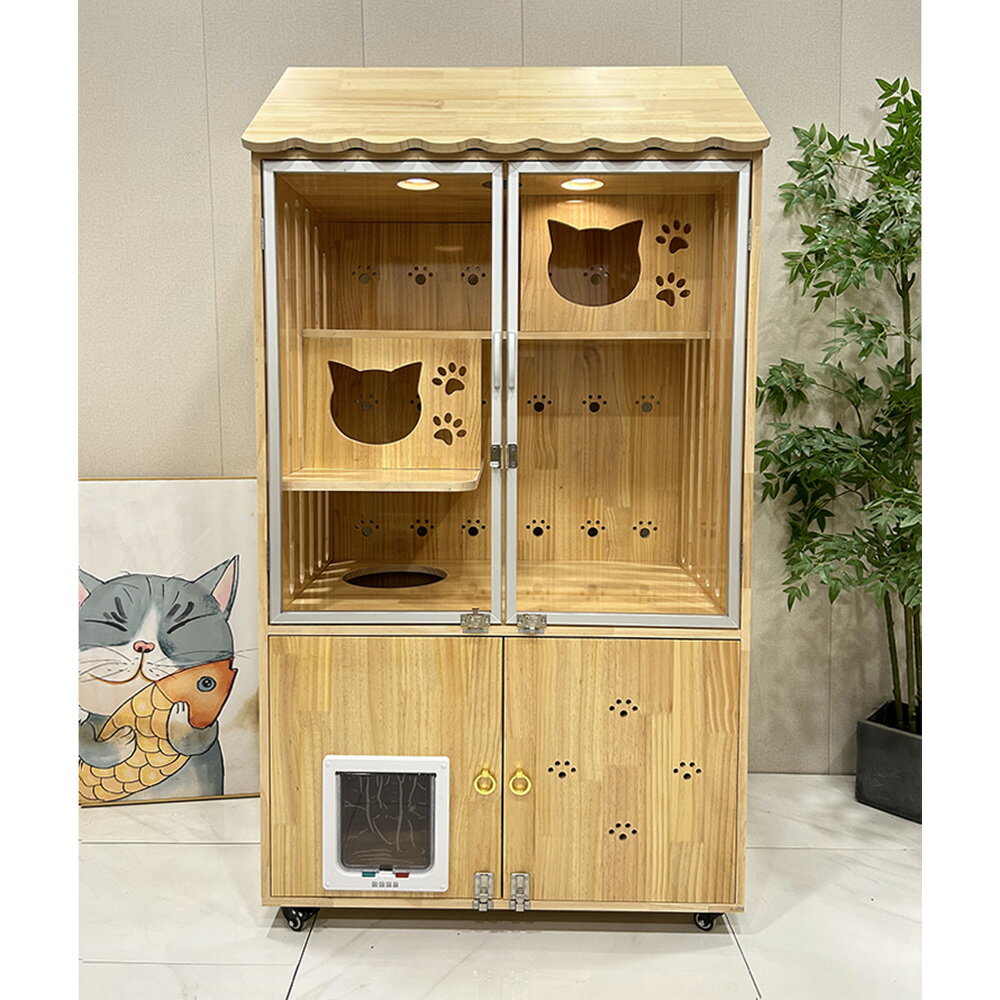 【台灣現貨】防水實木貓別墅 帶屋頂貓舍 豪華貓櫃 家用大空間貓房子 帶自由門出入貓窩 室內不占地貓籠子（90*60*170cm） 2