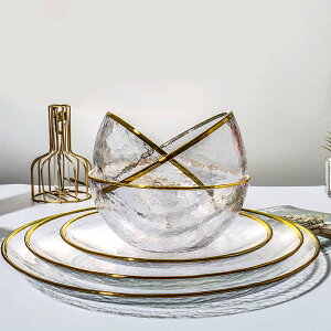 ins玻璃碗沙拉碗西式平盤餐具創意家用牛排盤子水果盤炫彩碗湯碗