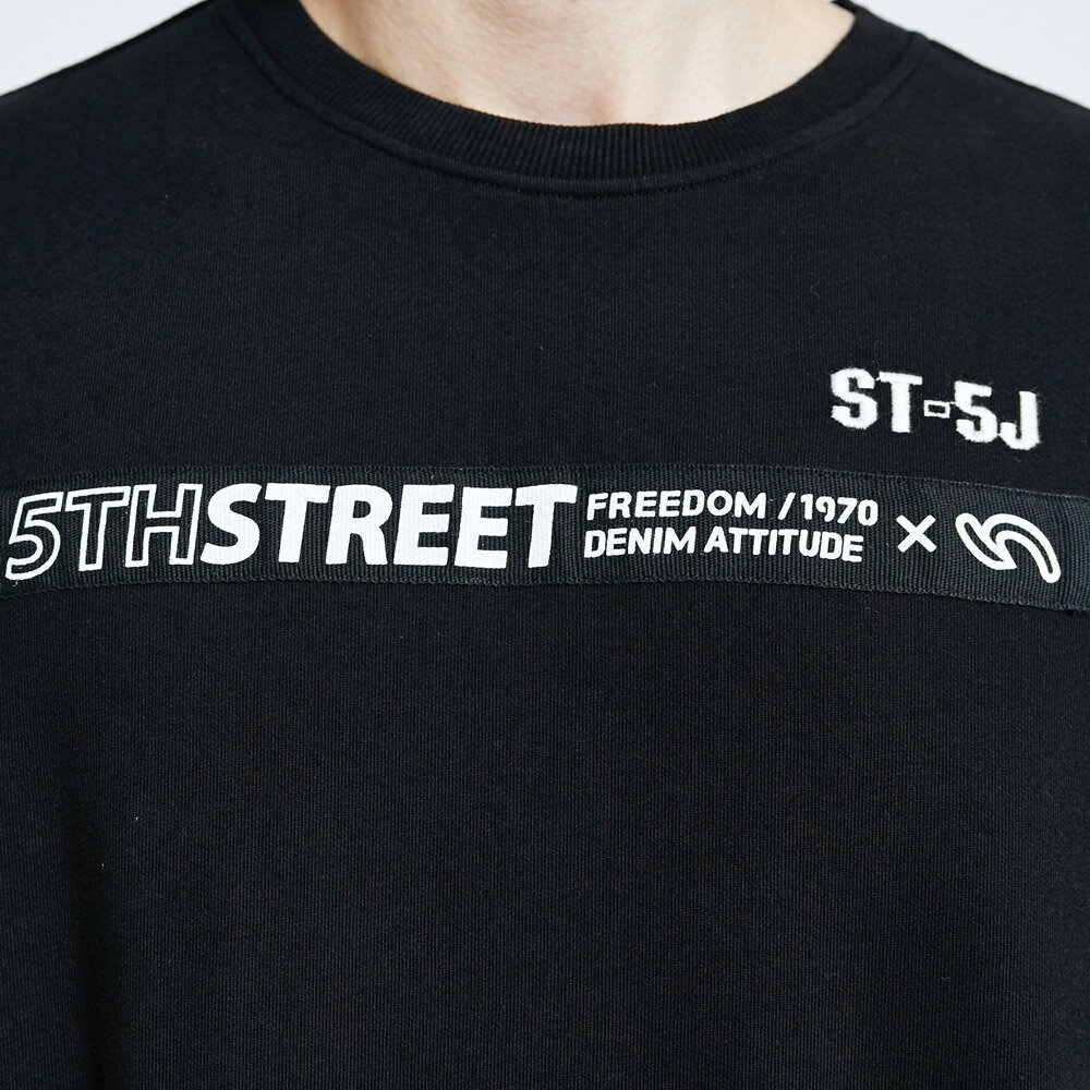 男壓織帶圓領長袖T恤-黑色【5th STREET】【APP下單享4%點數】 2