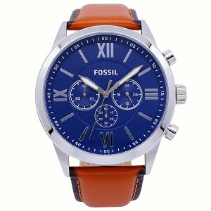FOSSIL 美國最受歡迎頂尖運動時尚三眼計時皮革腕錶-藍+咖啡-BQ2125IE