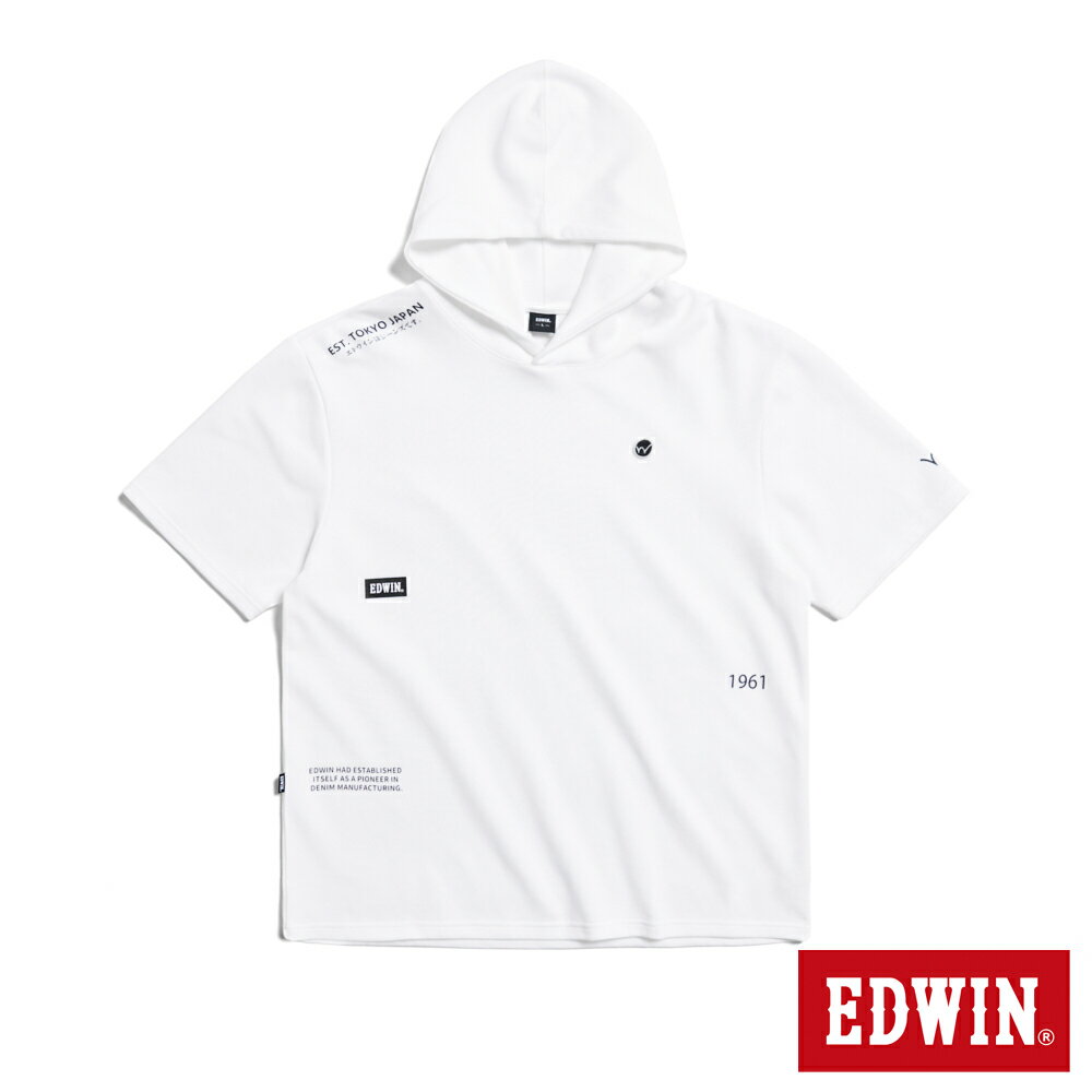 EDWIN 吸濕排汗剪接寬版連帽短袖T恤-男款 白色