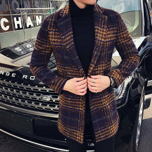 FINDSENSE品牌 秋冬季 新款 日本 男 高端 復古格子大氣 氣質 修身 時尚 長款毛呢大衣 潮流上衣外套