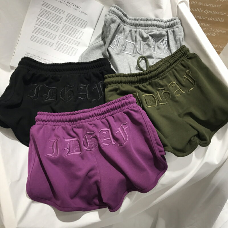 紫色褲子女夏季運動褲刺繡a字短褲高腰軍綠色闊腿褲寬松休閑熱褲