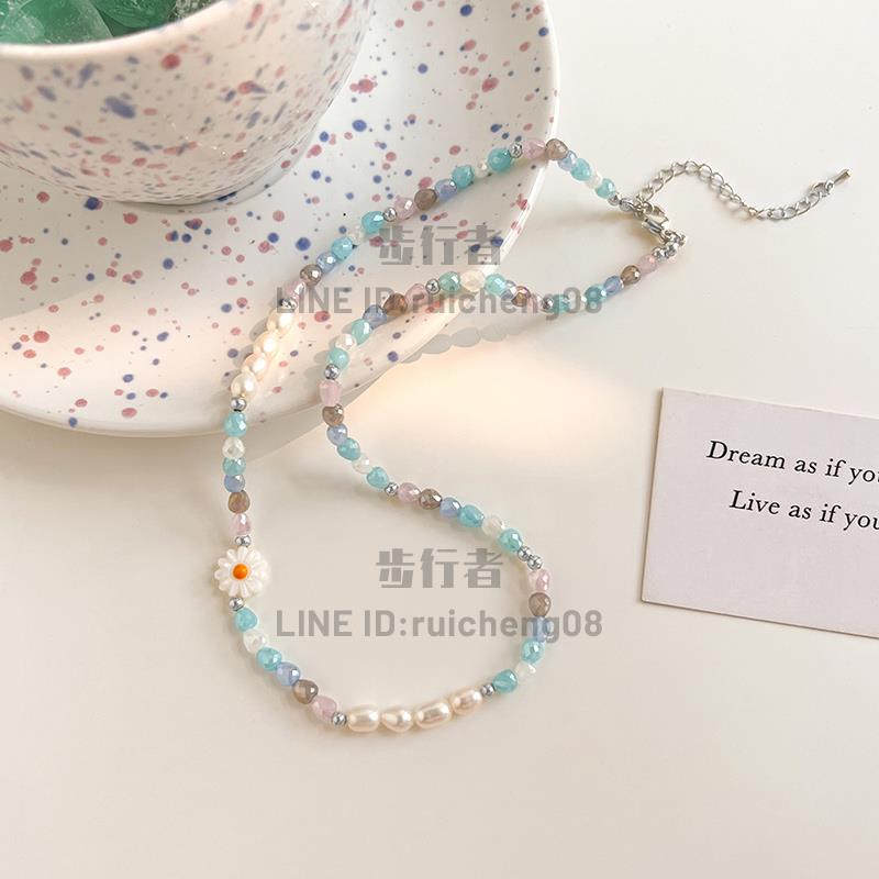 彩色串珠花朵項鏈森系百搭鎖骨鏈女夏季簡約裝飾頸鏈【步行者戶外生活館】 1