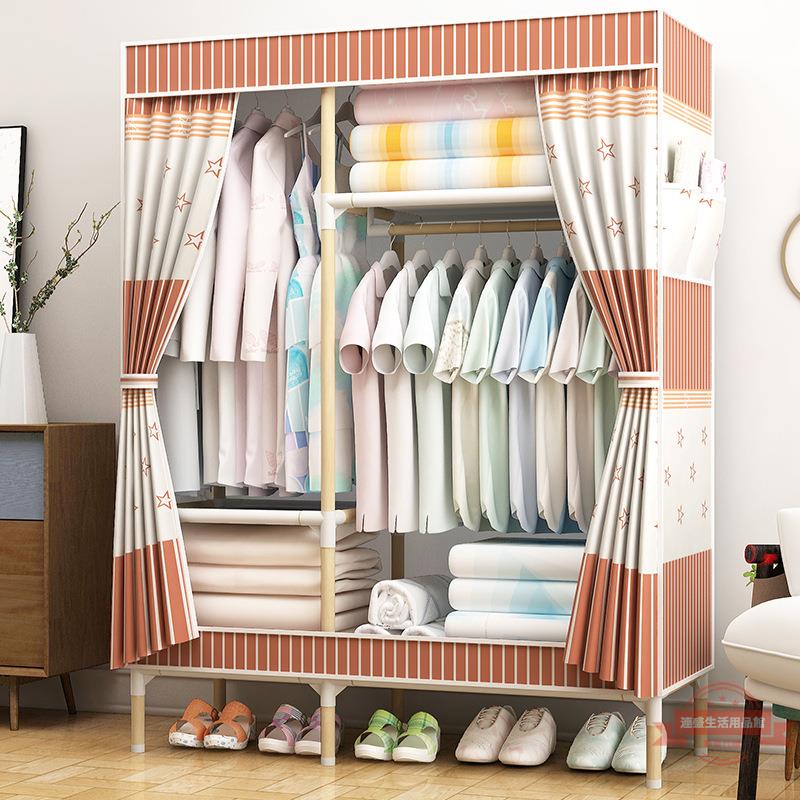 單人衣柜簡易布衣柜出租房用家用網紅實木加粗組裝收納衣櫥布藝雙