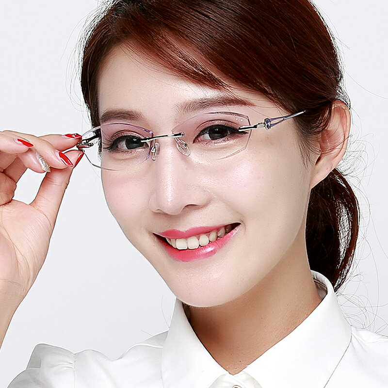 近視眼鏡女士切邊鑲鉆眼鏡框潮無框鈦合金眼鏡架配成品度數58061