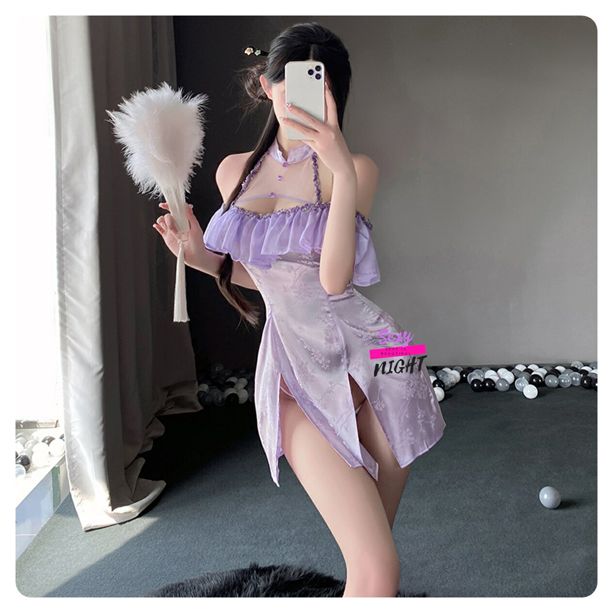 《H7103》花邊飾胸後綁帶露臀旗袍套裝