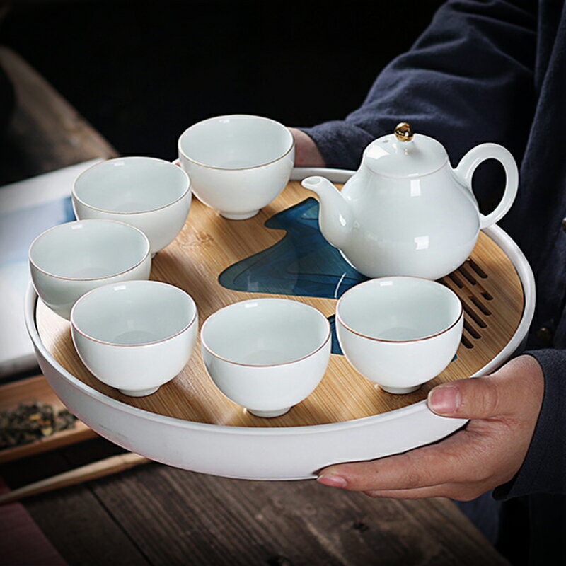 輕奢現代風格茶白瓷功夫茶具套裝家用客廳簡約壺杯小套茶盤泡干盤