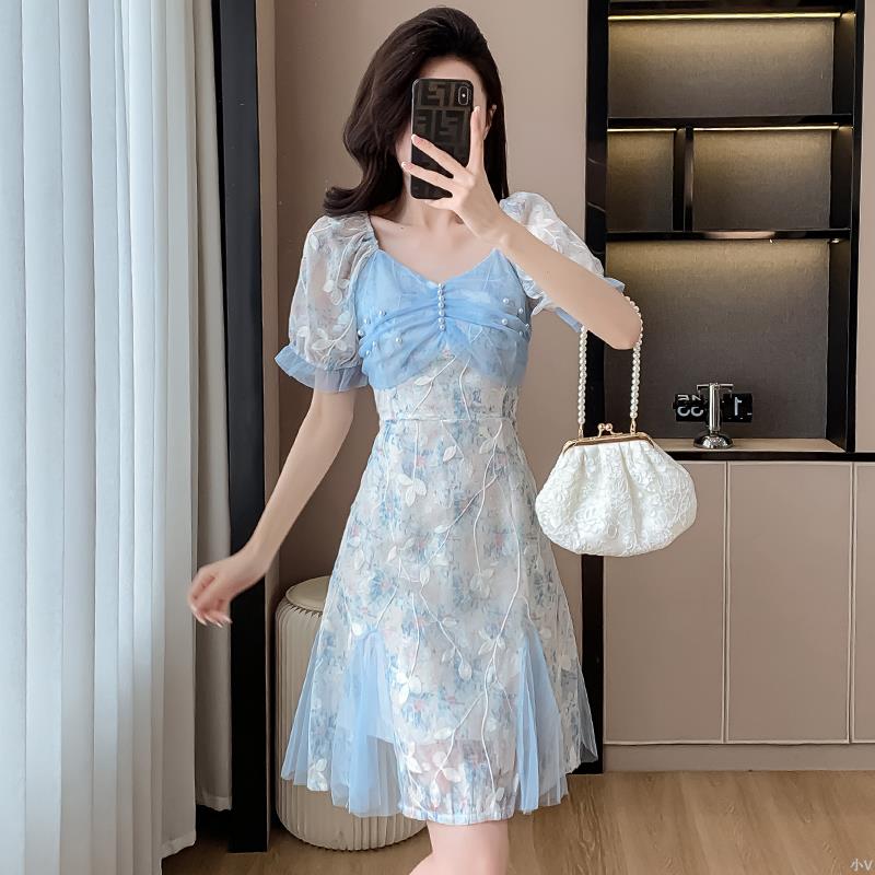 法式超仙蕾丝连衣裙女夏季气质刺绣网纱拼接收腰仙女裙子