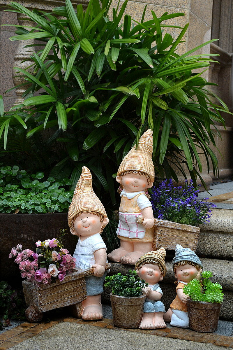花園庭院別墅卡通推車娃娃工藝品戶外園林幼兒園雕塑造景裝飾擺件