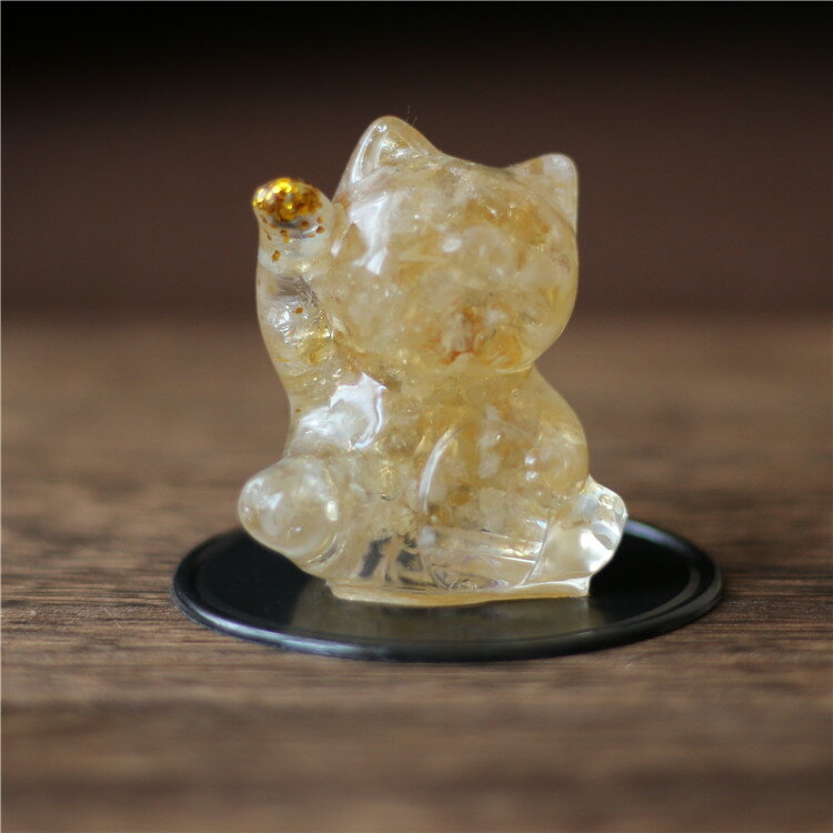 天然水晶碎石半寶石黃水晶招財貓滴膠小擺件居家辦公飾品男女禮物