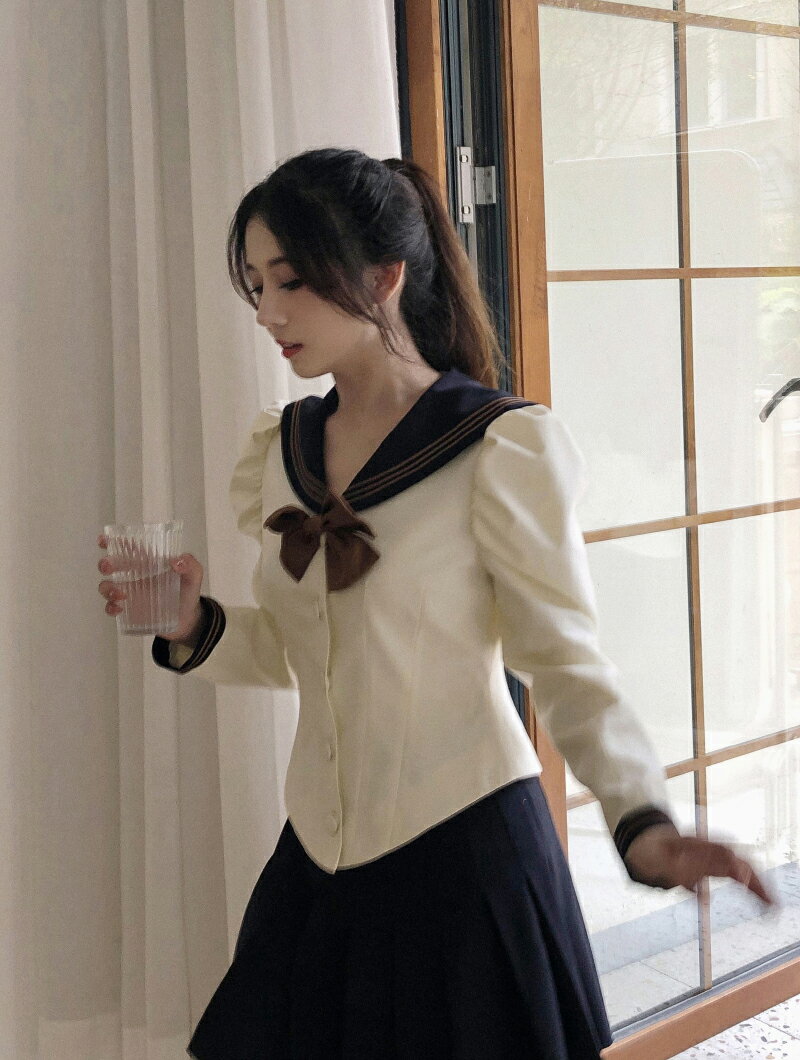 yufuren 宮廷學院風羊腿袖氣質套裝少女感百褶裙海軍領JK服兩件套