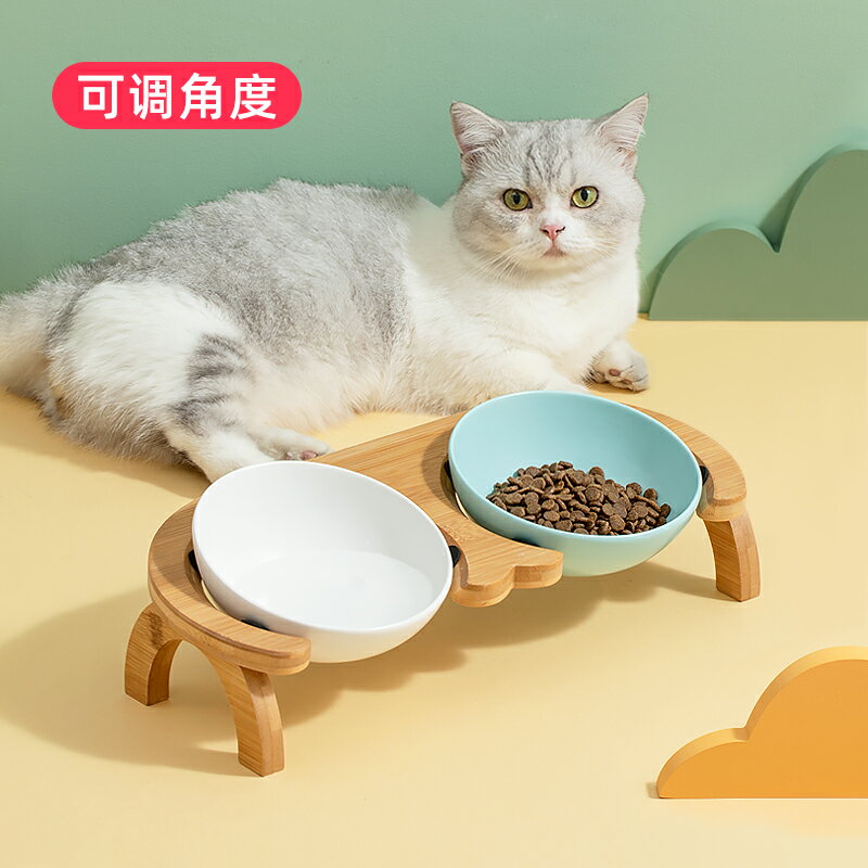 斜口雙碗貓糧碗陶瓷貓碗保護頸椎木架貓咪狗狗水碗貓食盆寵物用品