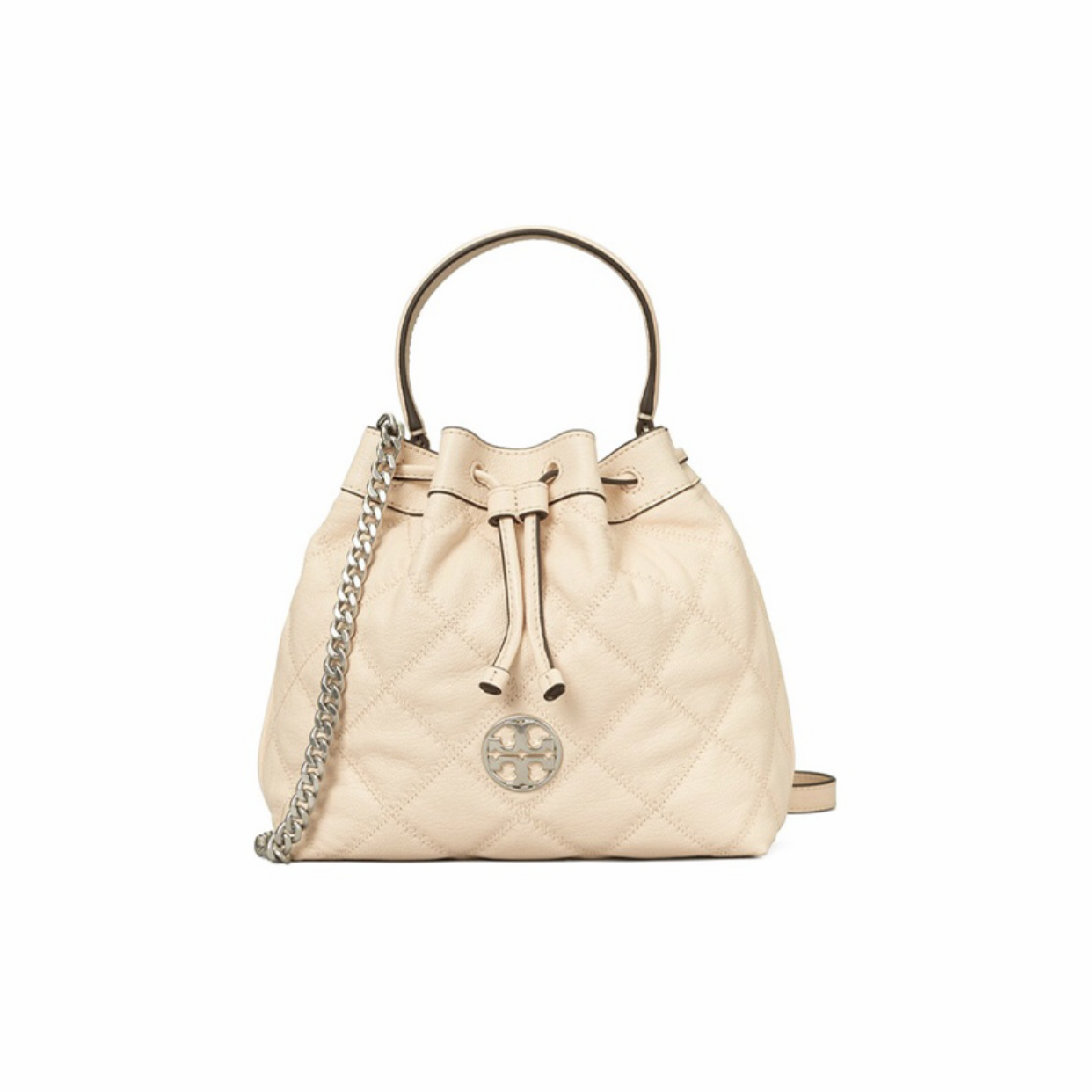 精選★TORY BURCH 萎格浮雕圖案 抽繩鏈條柔軟皮革小號水桶斜挎包 82370(預購)~【母親節禮物★菲尼斯 國際精品3折起 春夏新品 換季下殺】