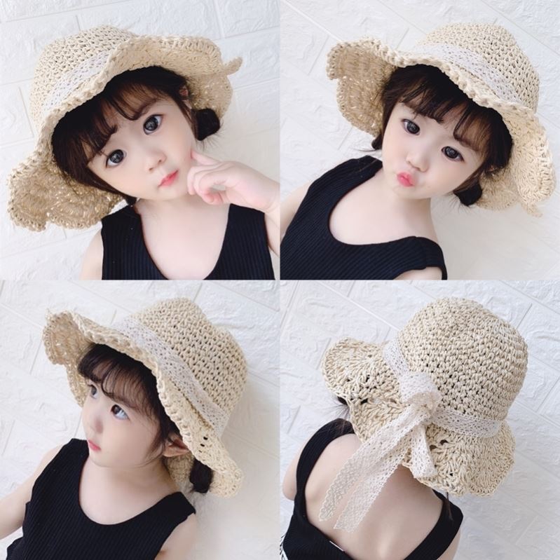 寶寶草帽夏季女孩遮陽帽1--2歲兒童蕾絲蝴蝶結防曬涼帽沙灘太陽帽
