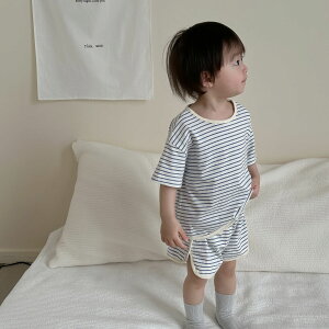 嬰兒衣服2024夏季新款韓版童裝兒童夏裝寶寶條紋套裝