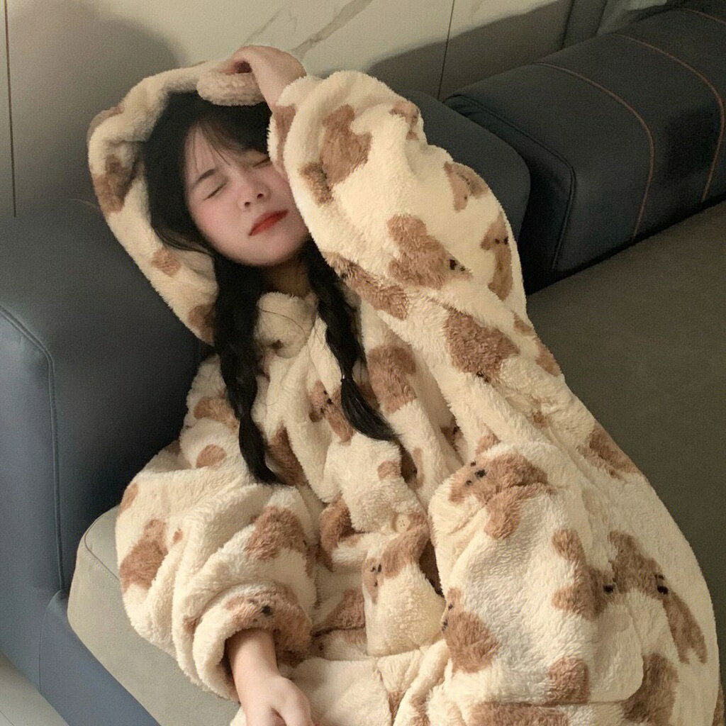 睡衣 加絨 珊瑚絨睡衣ins冬季小熊新款加厚法蘭絨卡通少女家居連帽睡袍