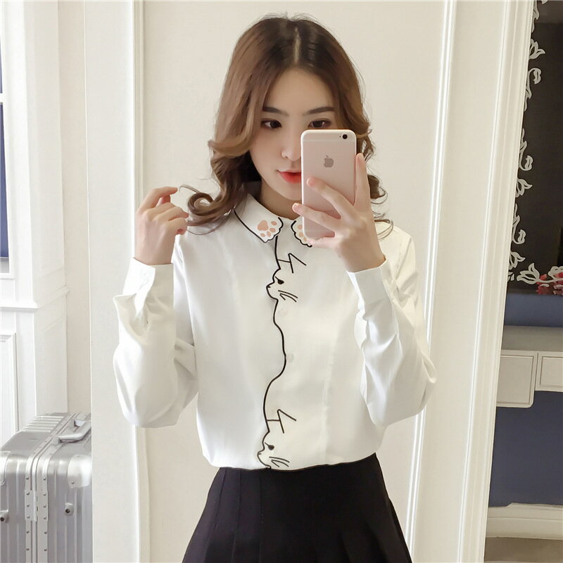 襯衫女設計感小眾新款韓版學院風可愛日系白色娃娃領長袖上衣1入