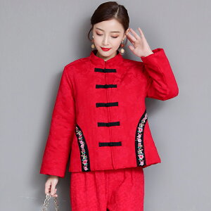 冬季新款中國風女裝復古提花刺繡立領盤扣加厚棉服棉衣外套1入