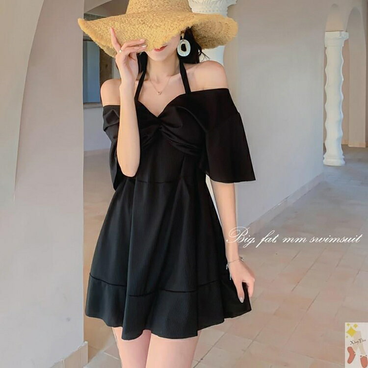 大尺碼 大尺碼泳衣 V領露肩泳裝 大尺碼泳裝 溫泉泳裝 遮肚 修身顯瘦 女泳衣