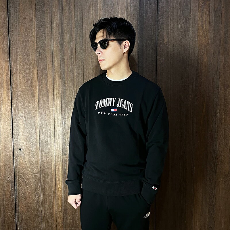 美國百分百【全新真品】Tommy Hilfiger 大學T 棉質 毛巾布 TH 長袖上衣 LOGO 黑色 CV23