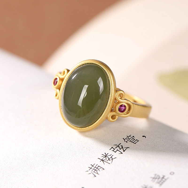 天然青玉橢圓古法金可開口中式民族風指環女款玉石金色戒指送禮