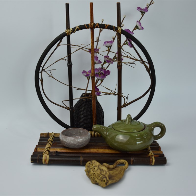 竹編紫竹圓月花器日式創意花架禪意桌面茶藝竹排擺件藤編茶道零配