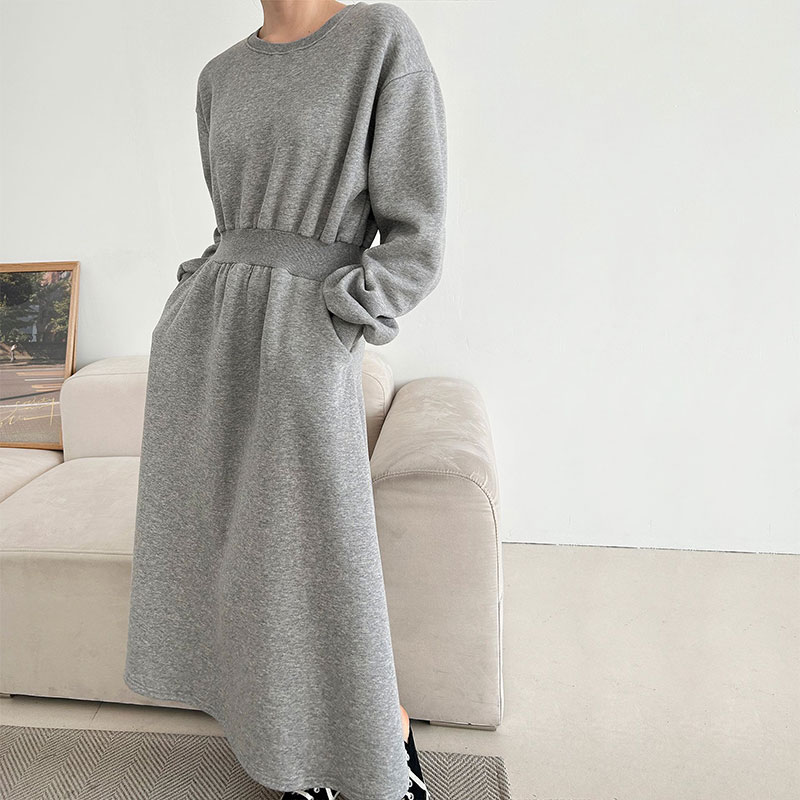 ANNAS 正韓縮腰口袋刷毛洋裝 腰身 縮腰 打折 長袖 長裙 長洋裝 連身裙 顯瘦 加厚棉 素面 保暖 加絨刷絨 韓國 2