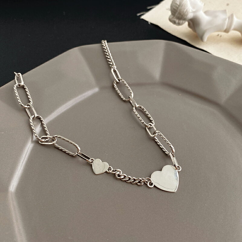925純銀愛心項鏈女年新款簡約小眾鎖骨鏈復古泰銀粗鏈條頸鏈 3