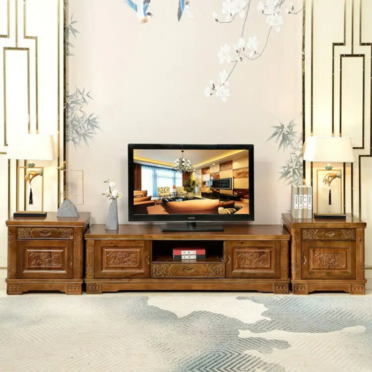 香樟木實木電視柜現代中式仿古雕花地柜組合柜高低影視柜客廳家具