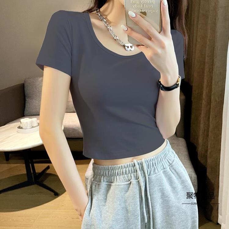 T恤女短款短袖夏女士純棉高腰露臍緊身半袖上衣設計感小眾【聚物優品】