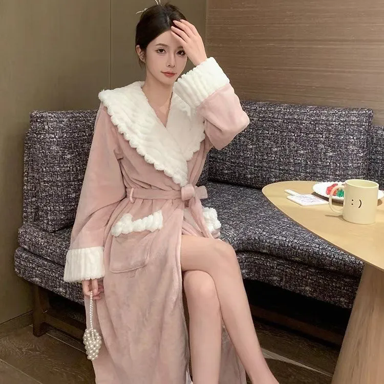 加絨睡袍 女珊瑚絨睡衣 女加厚加長睡裙 珊瑚絨浴袍 秋冬季居家睡衣 加長款家居服 開衫睡袍 女生睡衣【不二雜貨】