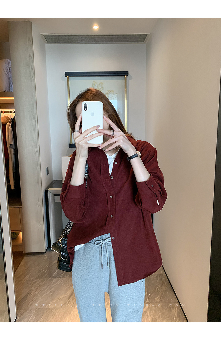 女裝 外套 韓系風 氣質上衣 韓版  襯衫女秋冬疊穿設計感上衣燈芯絨復古港味長袖磨毛白襯衣外套 0